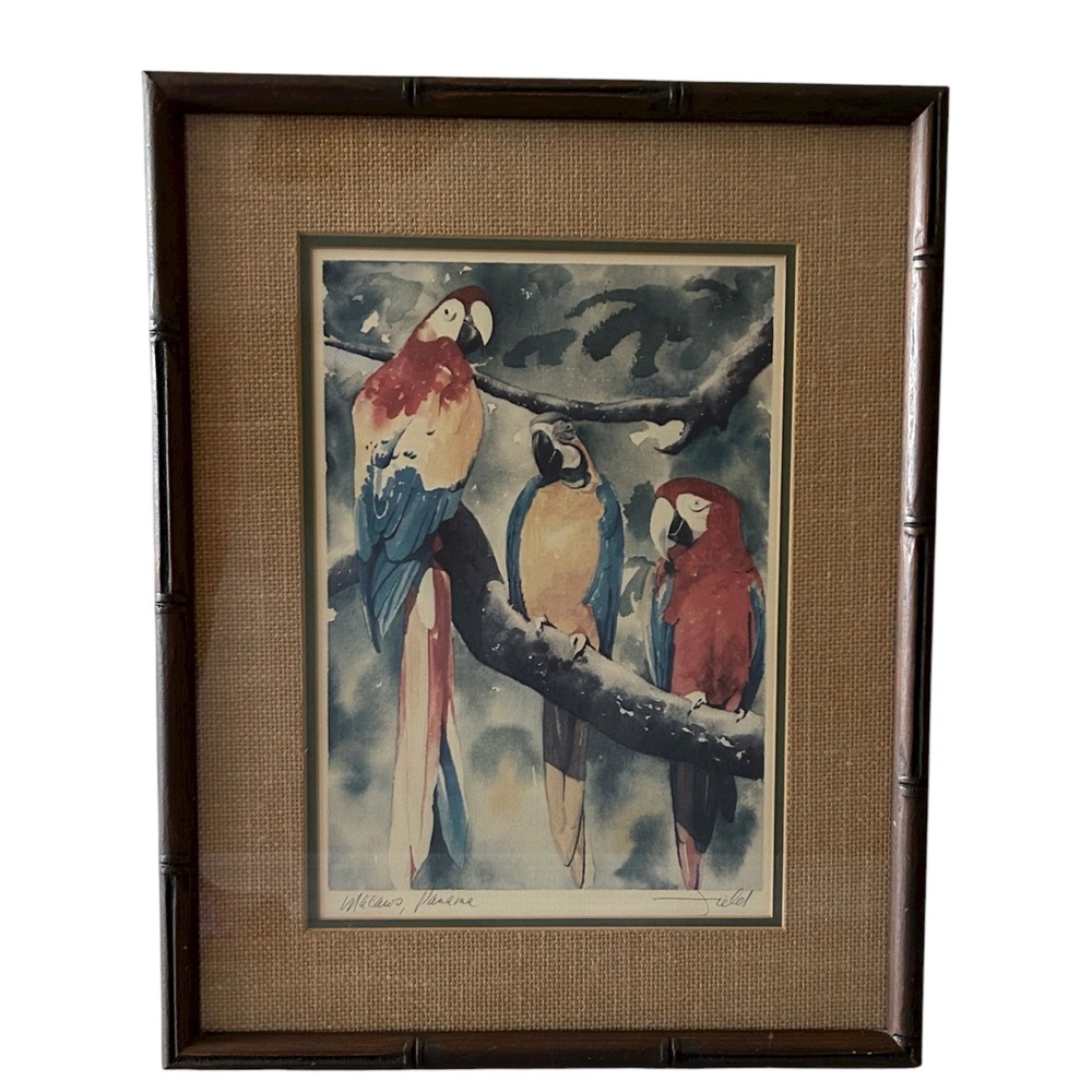 Vintage Signed Artwork Watercolor 3 Macaws Framed Dark Bamboo Style Wood